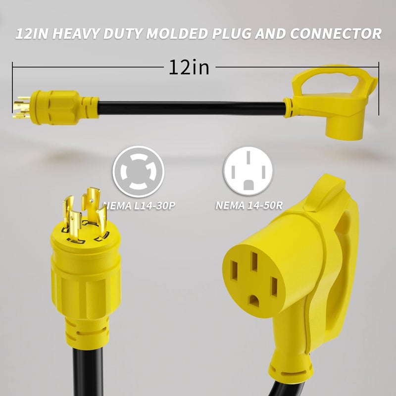 PlugSaf 4 Prong 30 Amp to 50 Amp RV Generator Adapter Cord, NEMA L14-30 Twist Lock Male Plug to NEMA 14-50 Female Plug, 12 Inch(1 FT) 10 Gauge STW Power Cord, Max 30A 125V/250V, Yellow, ETL Listed - Image 2